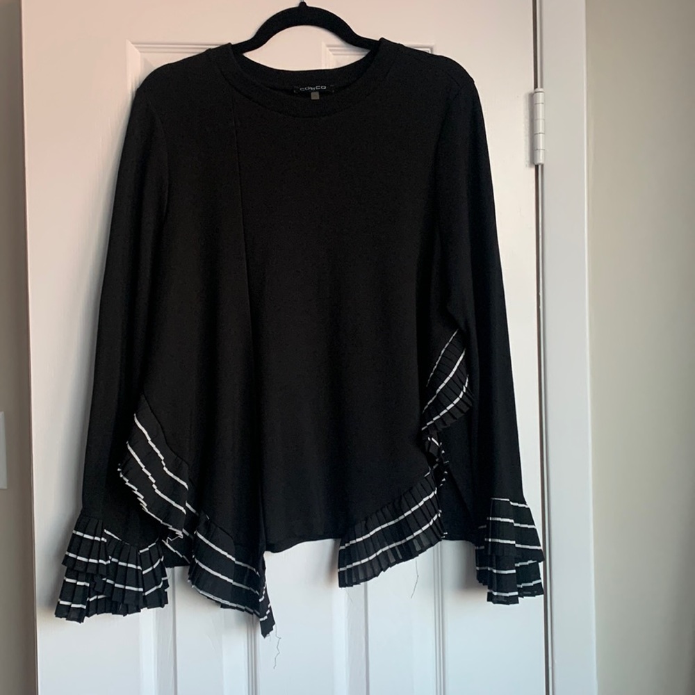 Black Crew Neck Top with Black and White Ruffle Detail
